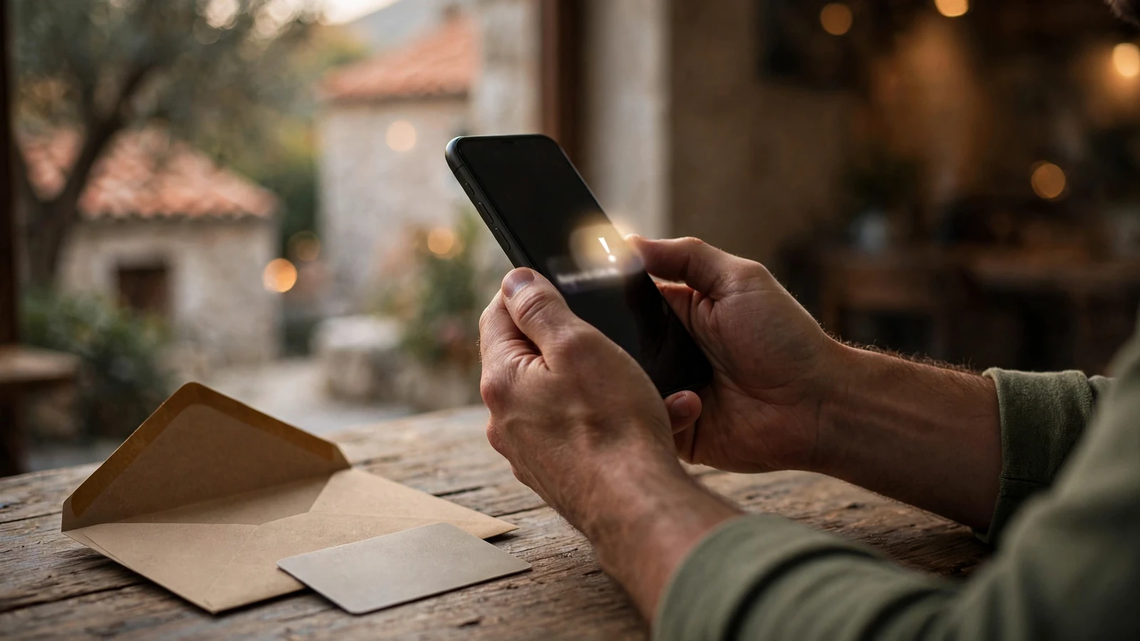Ruke drže pametni telefon uz omotnicu i dokument na stolu